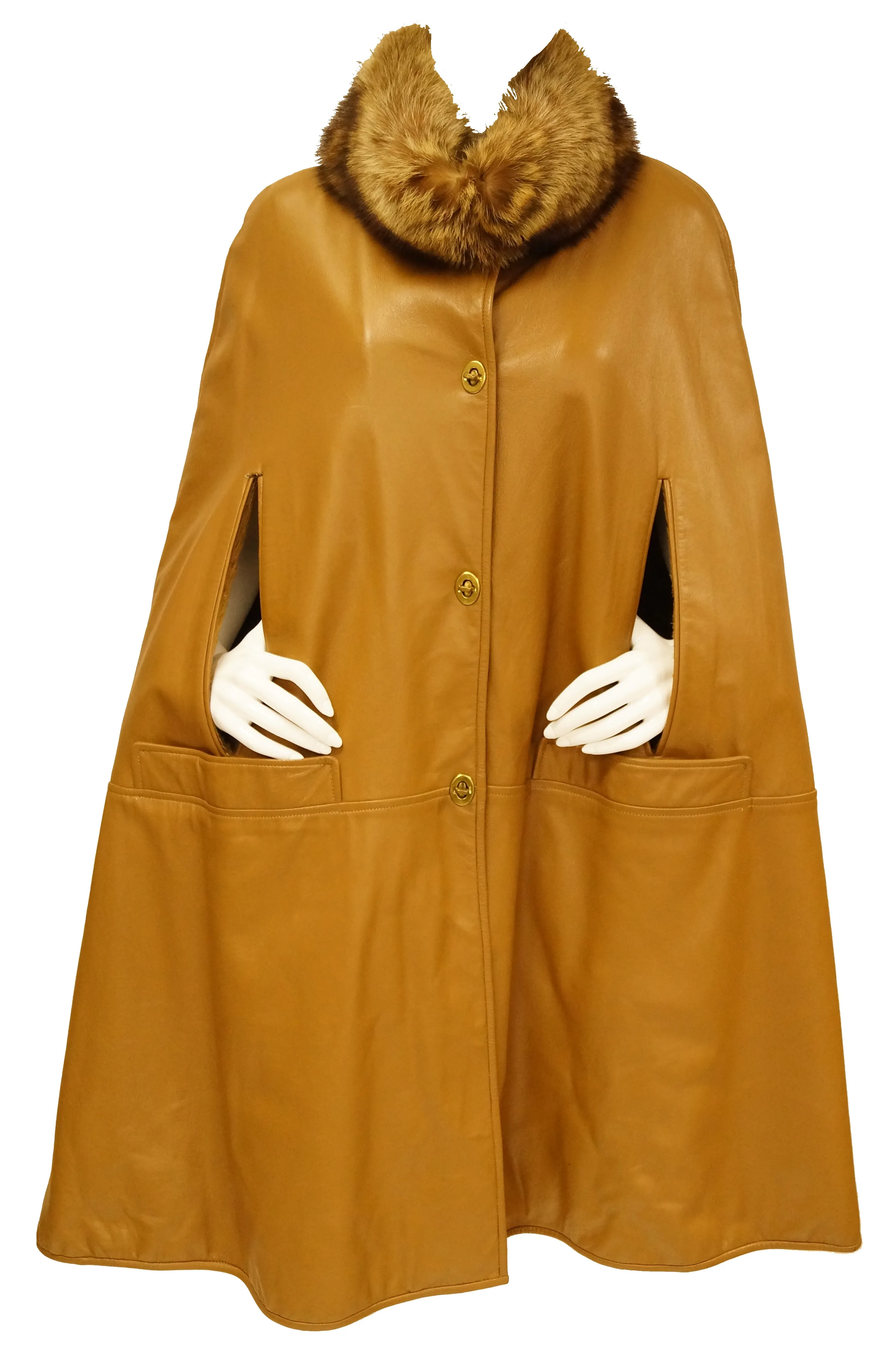 1960s Bonnie Cashin Leather Cape w/ Fur Collar