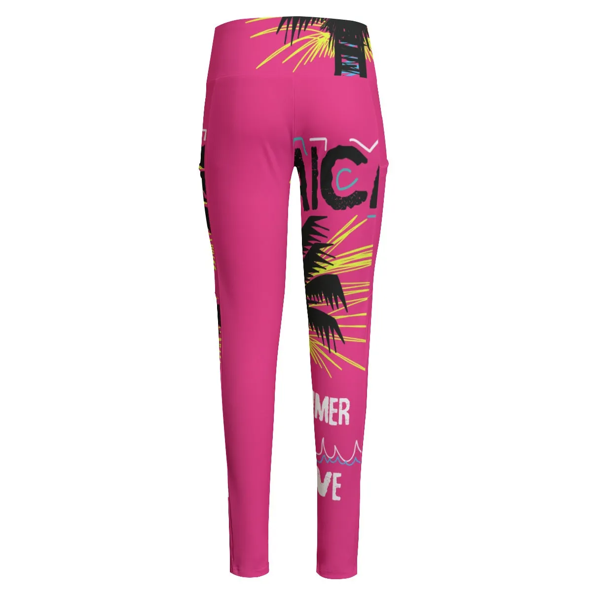 All-Over Print Women's High Waist Leggings With Side Pocket40 pink summer print