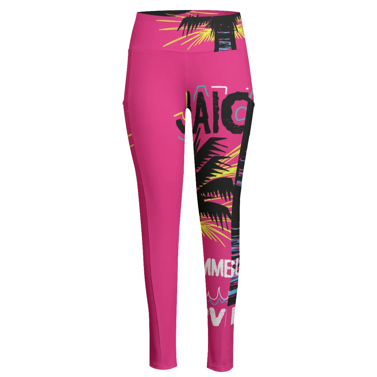 All-Over Print Women's High Waist Leggings With Side Pocket40 pink summer print