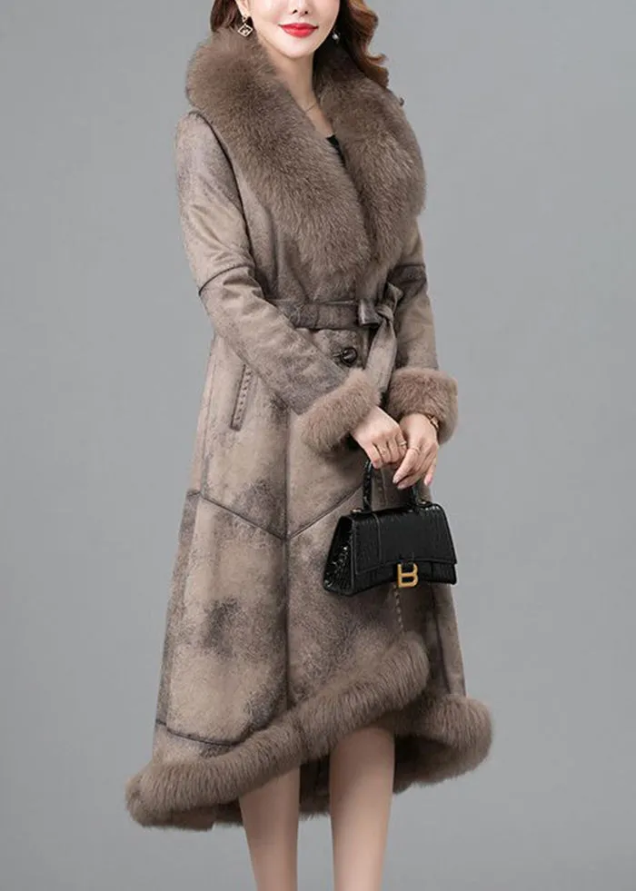 Beautiful Khaki Fox Collar Tie Waist Fuzzy Rabbit Leather And Fur Coats Winter LY9466