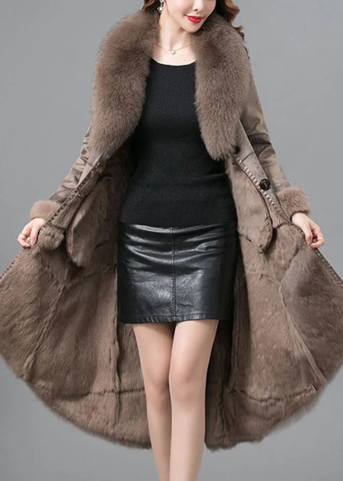 Beautiful Khaki Fox Collar Tie Waist Fuzzy Rabbit Leather And Fur Coats Winter LY9466