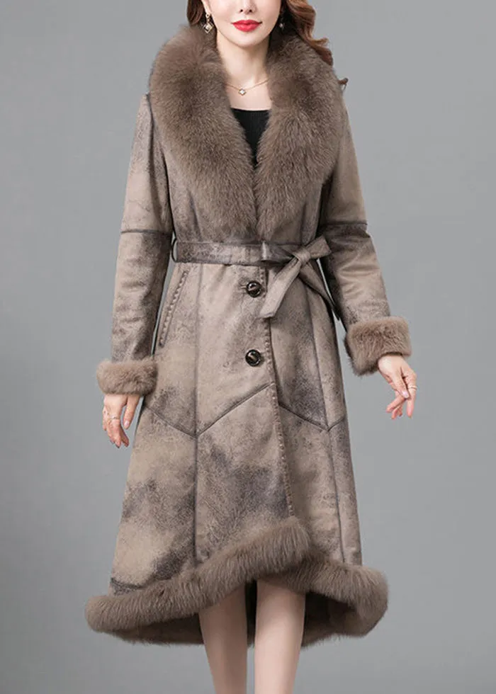 Beautiful Khaki Fox Collar Tie Waist Fuzzy Rabbit Leather And Fur Coats Winter LY9466