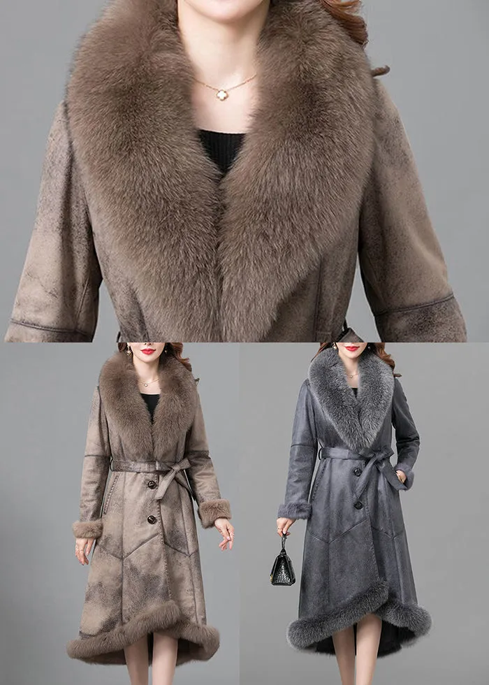 Beautiful Khaki Fox Collar Tie Waist Fuzzy Rabbit Leather And Fur Coats Winter LY9466