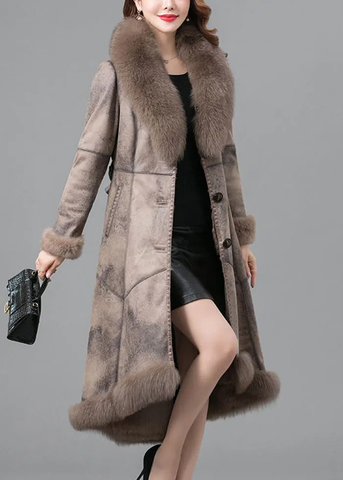 Beautiful Khaki Fox Collar Tie Waist Fuzzy Rabbit Leather And Fur Coats Winter LY9466