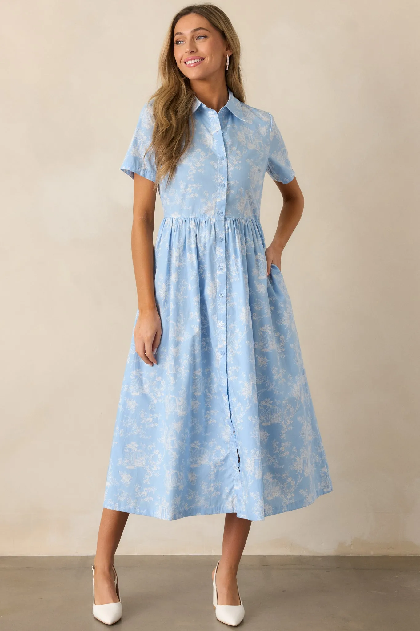 Believe It 100% Cotton Light Blue Toile Midi Dress