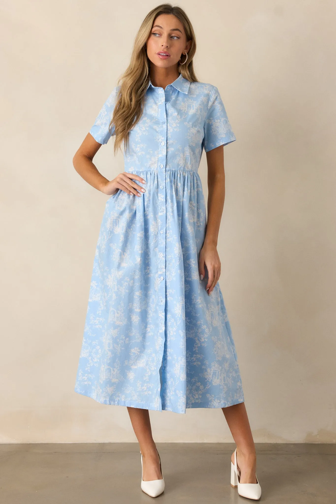 Believe It 100% Cotton Light Blue Toile Midi Dress