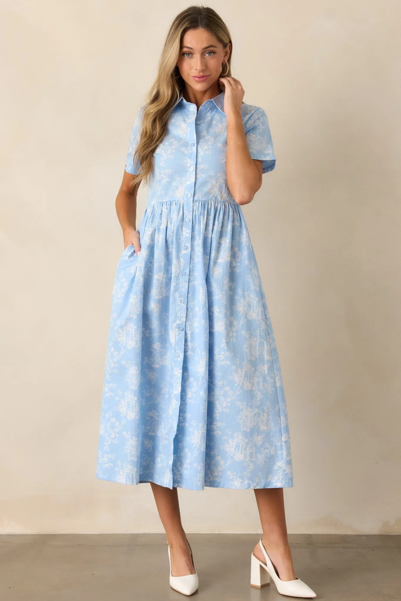 Believe It 100% Cotton Light Blue Toile Midi Dress