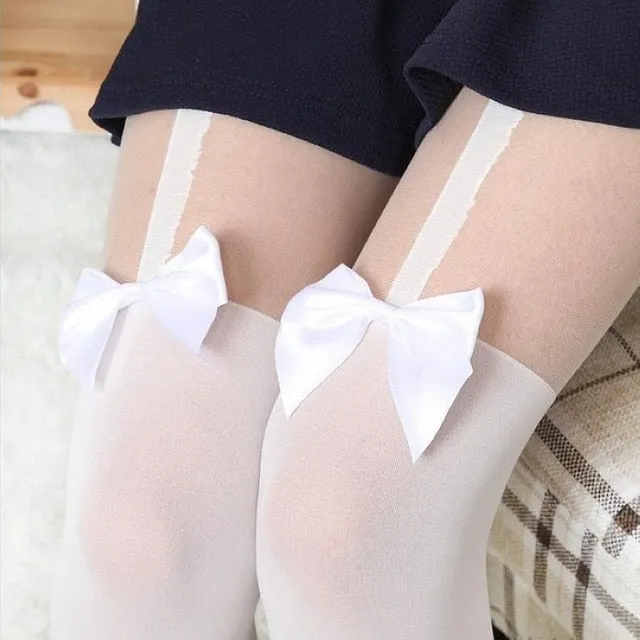 Black or white bow mock suspender tights