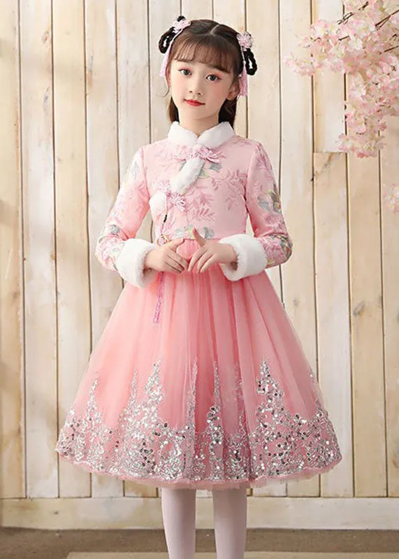 Boutique Pink Fur Collar Tulle Patchwork Warm Fleece Girls Maxi Dresses Winter ML0055