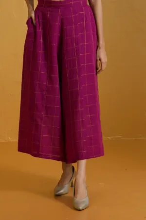 box pleated culotte - amethyst purple cotton with zari checks