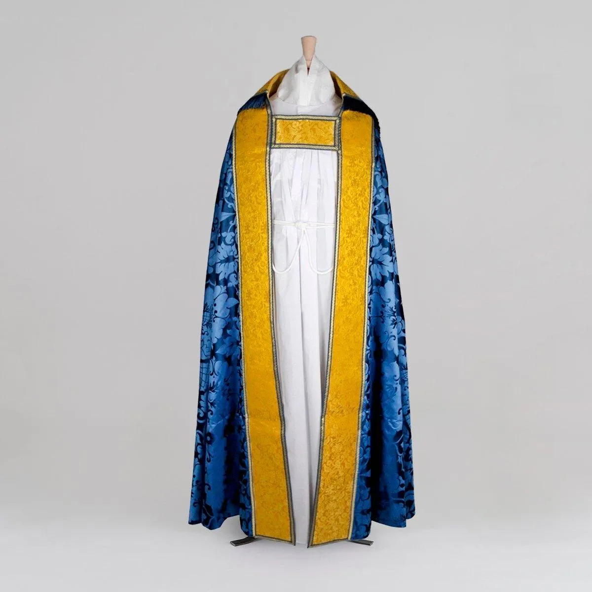 Cathedral Cope in Blue 'Bellini' with Imperial Yellow/Gilt 'Hilliard' Orphreys, Hood, and Morse