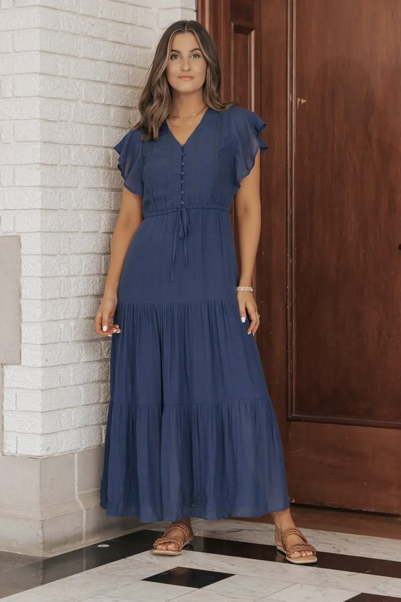 Celine Crochet Lace Tiered Boho Midi Dress - Navy - FINAL SALE