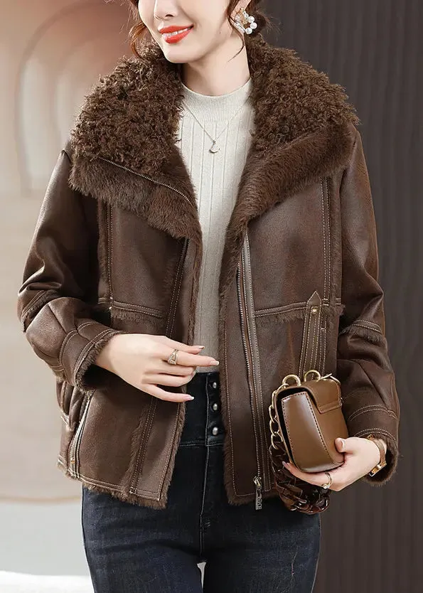 Coffee Zip Up Patchwork Fuzzy Fur Coats Fur Collar Long Sleeve ML2747