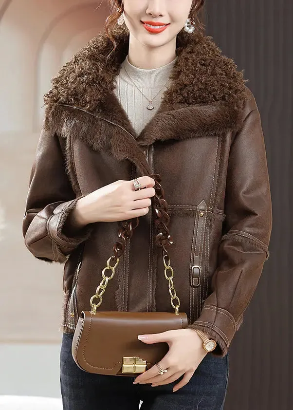 Coffee Zip Up Patchwork Fuzzy Fur Coats Fur Collar Long Sleeve ML2747