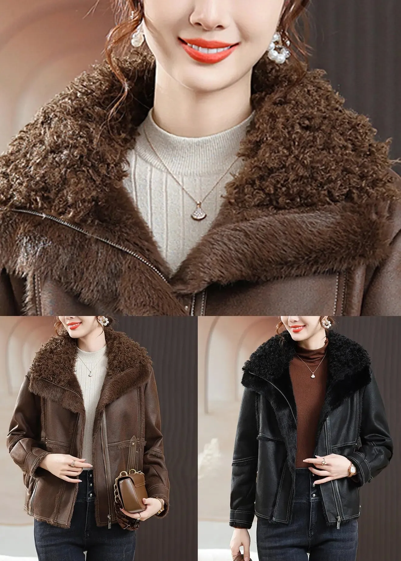 Coffee Zip Up Patchwork Fuzzy Fur Coats Fur Collar Long Sleeve ML2747