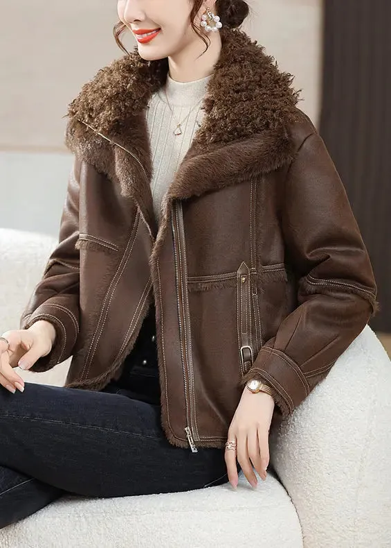 Coffee Zip Up Patchwork Fuzzy Fur Coats Fur Collar Long Sleeve ML2747