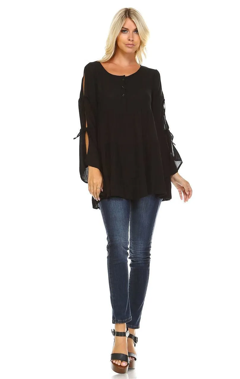 Cold Shoulder Ties Bell Sleeve Shirt Dress Henley Black