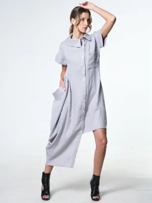 Collared Linen Shirt Dress In Gray