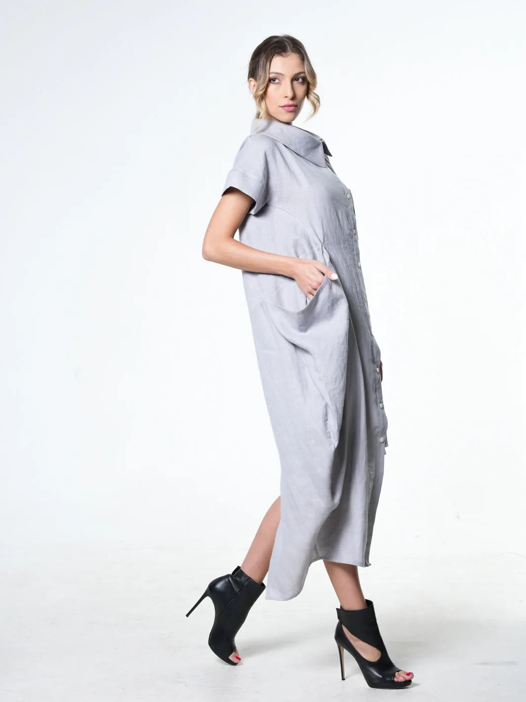 Collared Linen Shirt Dress In Gray