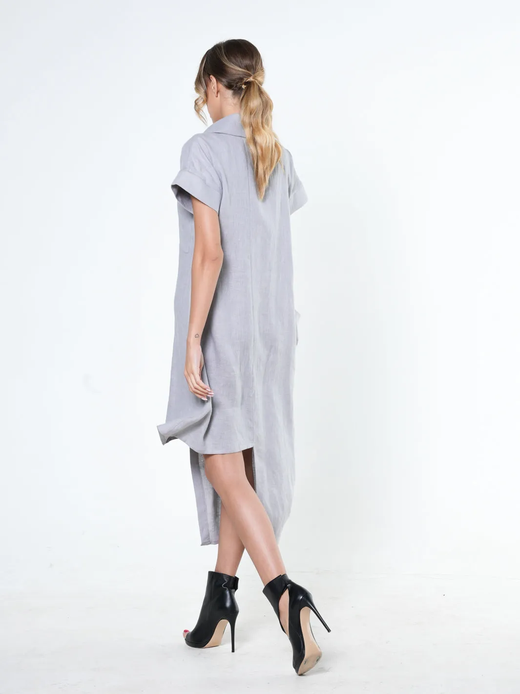 Collared Linen Shirt Dress In Gray