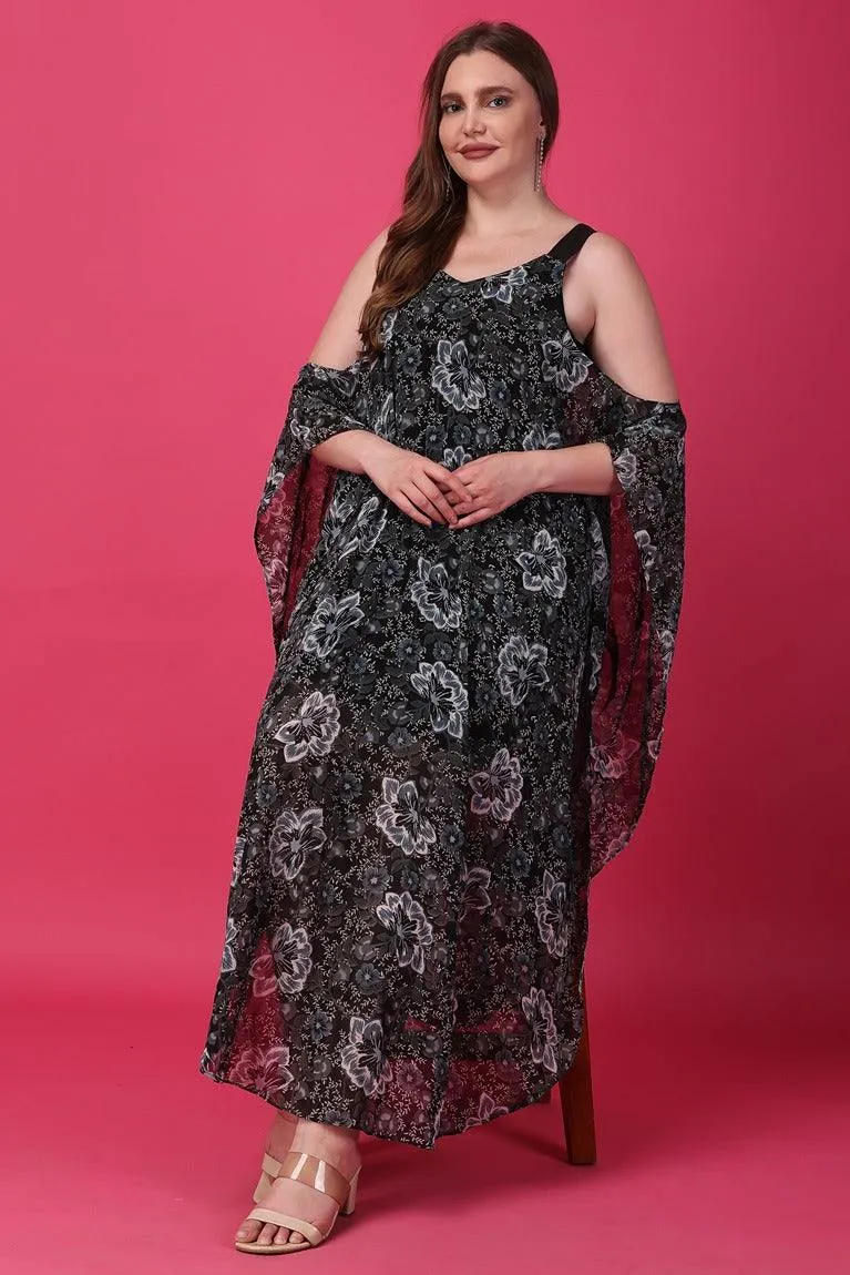 Dark Floral Printed Kaftan with Cold Shoulder Sleeves