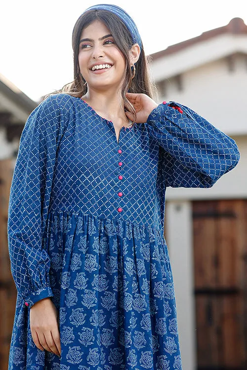 Dharan "Danny Dress" Indigo Block Printed Dress