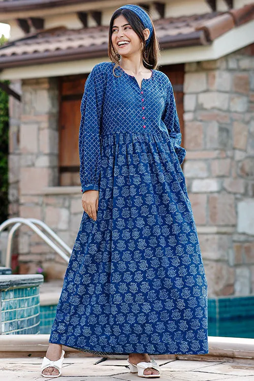 Dharan "Danny Dress" Indigo Block Printed Dress