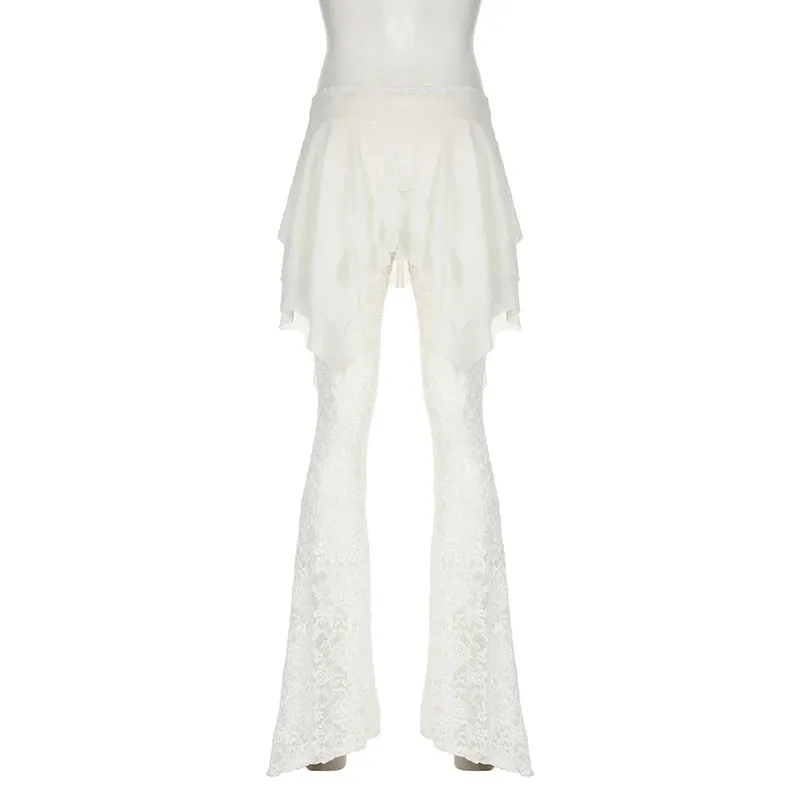 Fashion Y2K White Lace Trousers See Through Ruffles Patchwork Tierred Vintage 2000s Flared Pants Female Hottie Bottom