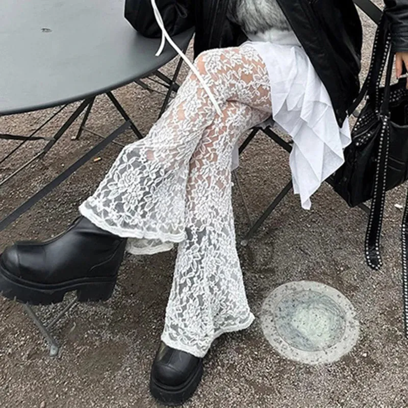 Fashion Y2K White Lace Trousers See Through Ruffles Patchwork Tierred Vintage 2000s Flared Pants Female Hottie Bottom