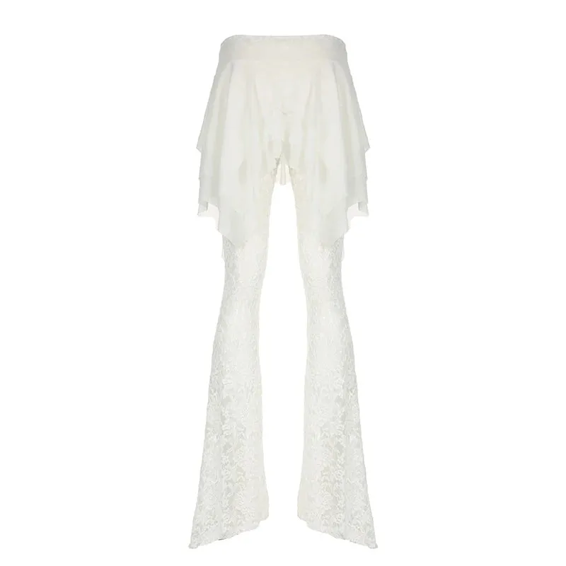 Fashion Y2K White Lace Trousers See Through Ruffles Patchwork Tierred Vintage 2000s Flared Pants Female Hottie Bottom