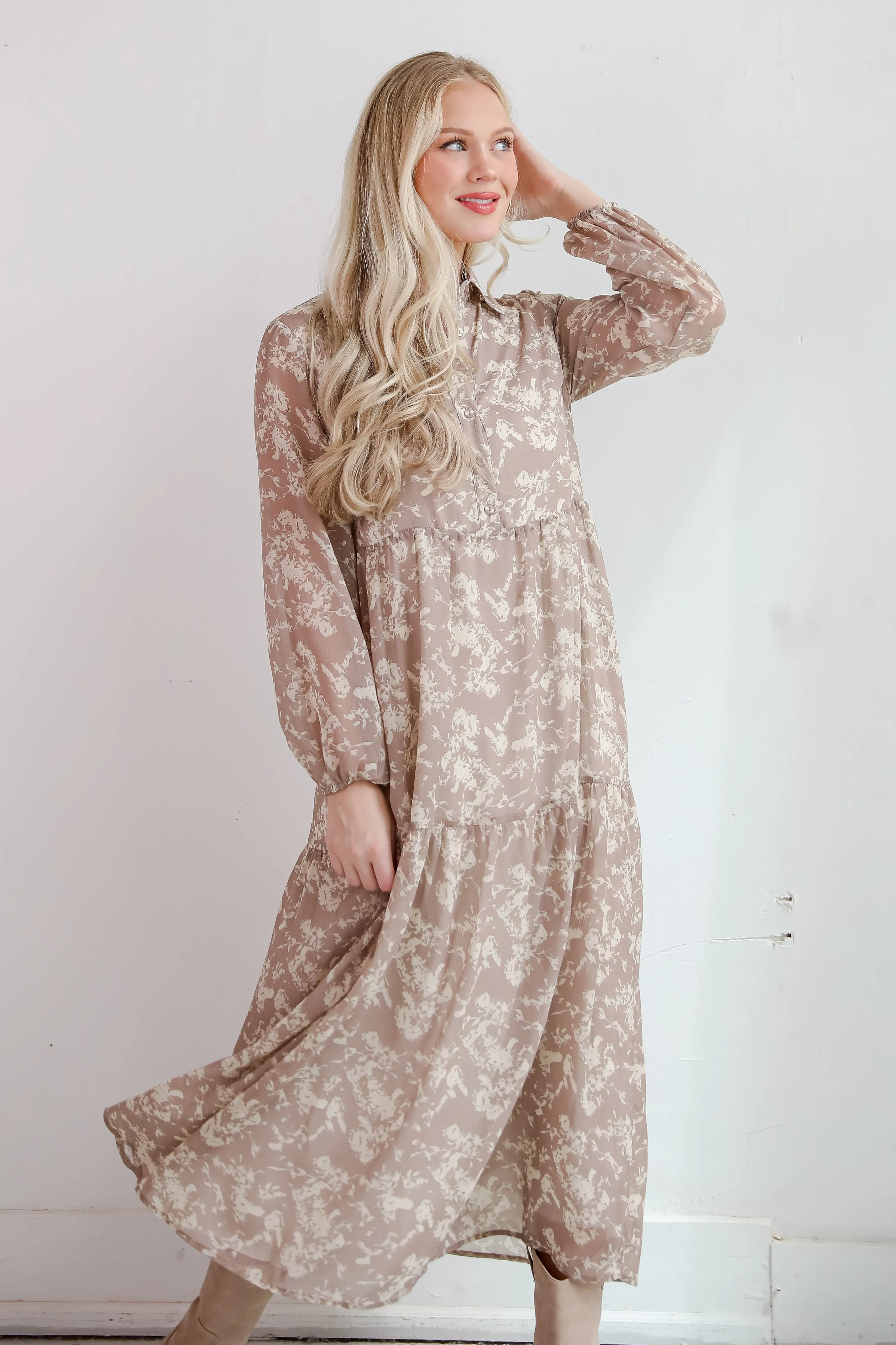 FINAL SALE - Impactful Elegance Taupe Floral Maxi Dress