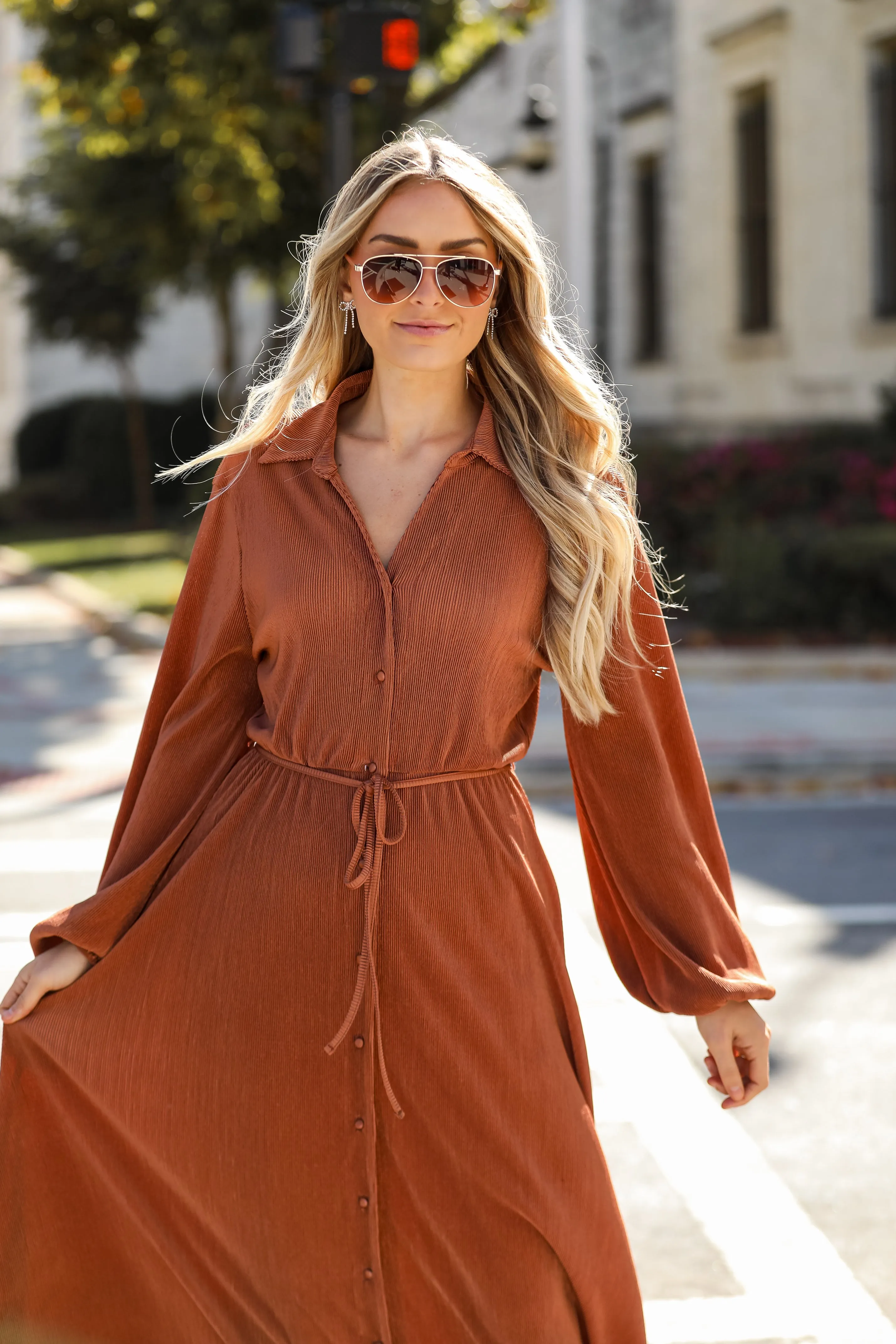 FINAL SALE - Show Stopper Camel Plisse Maxi Dress