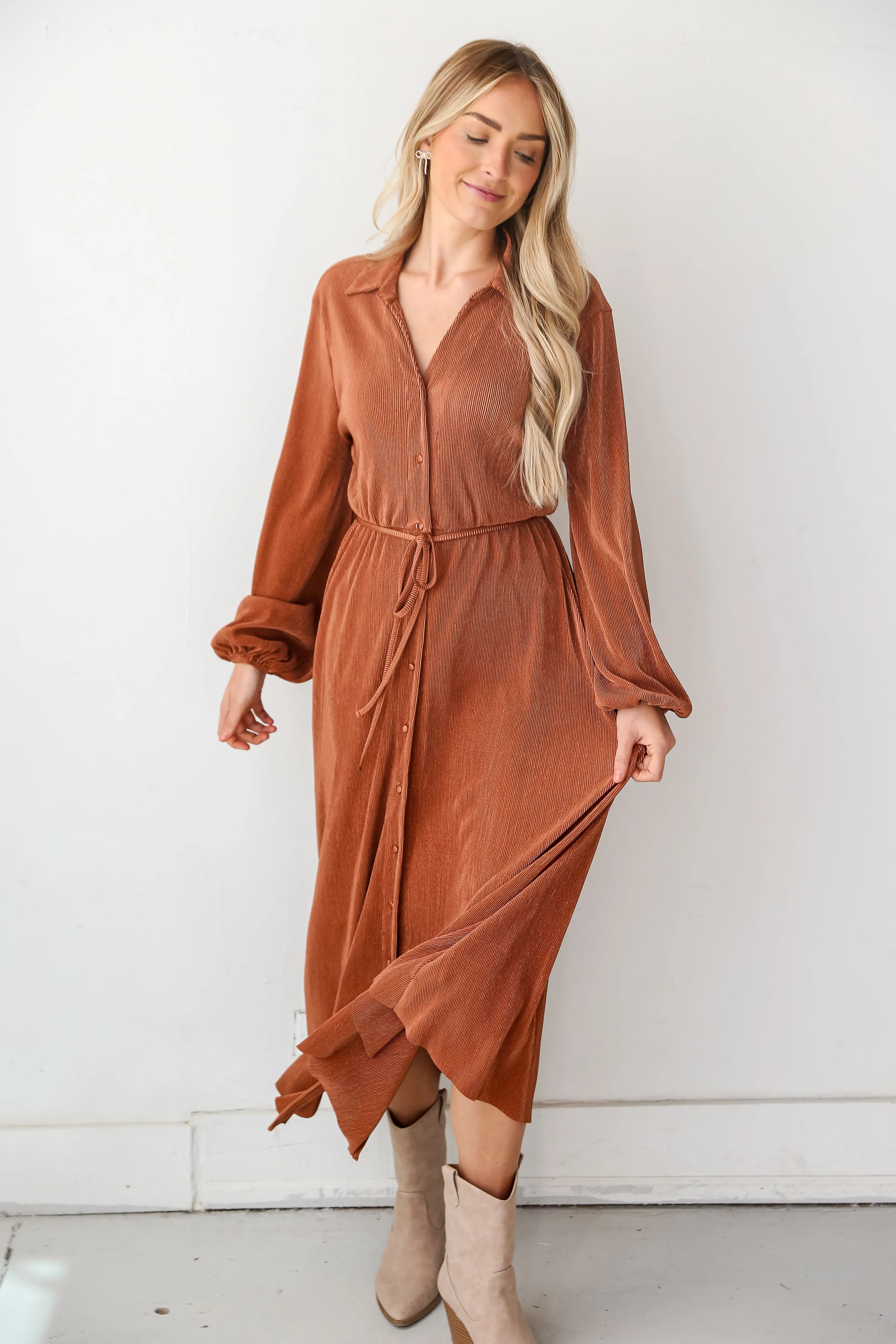 FINAL SALE - Show Stopper Camel Plisse Maxi Dress