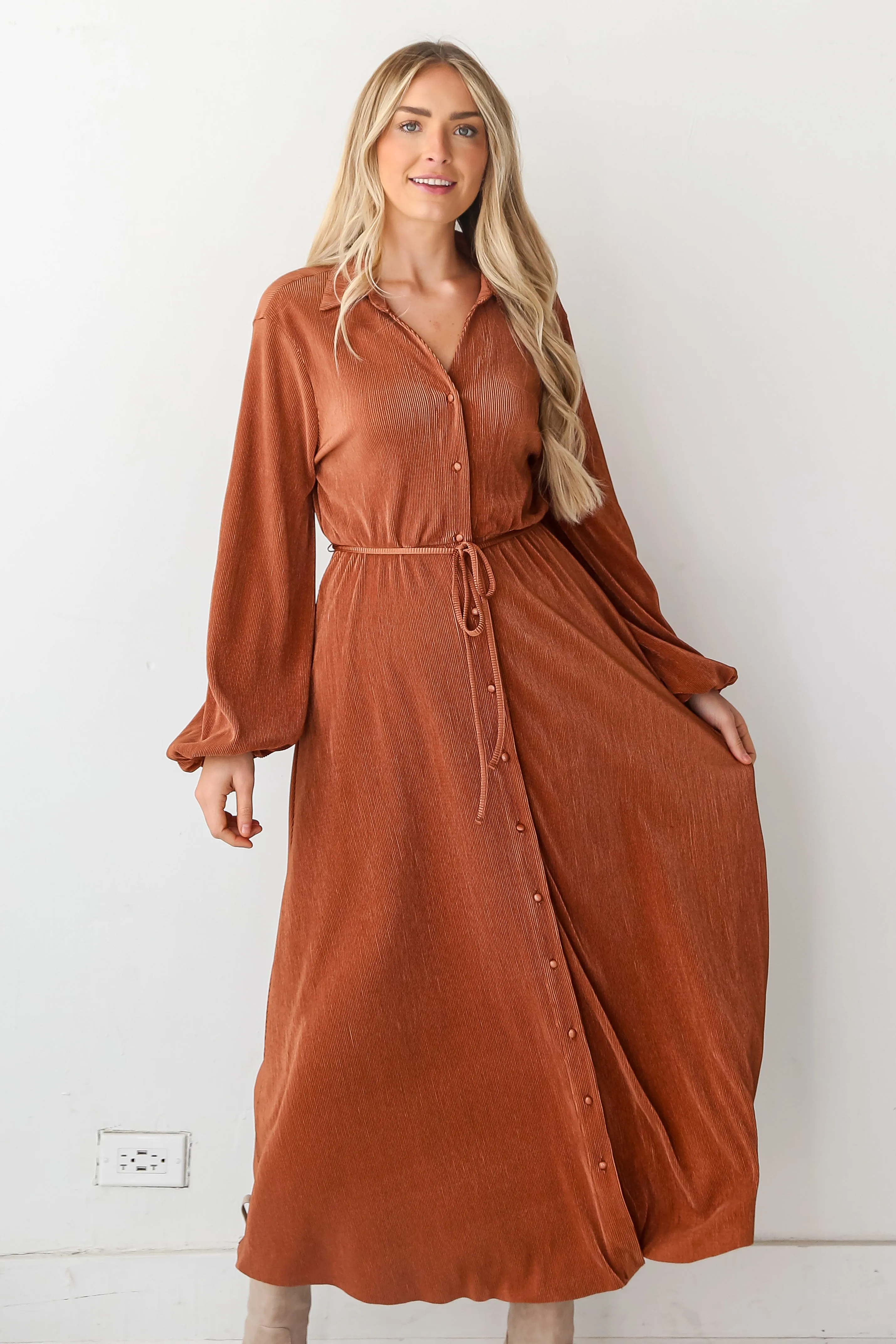 FINAL SALE - Show Stopper Camel Plisse Maxi Dress