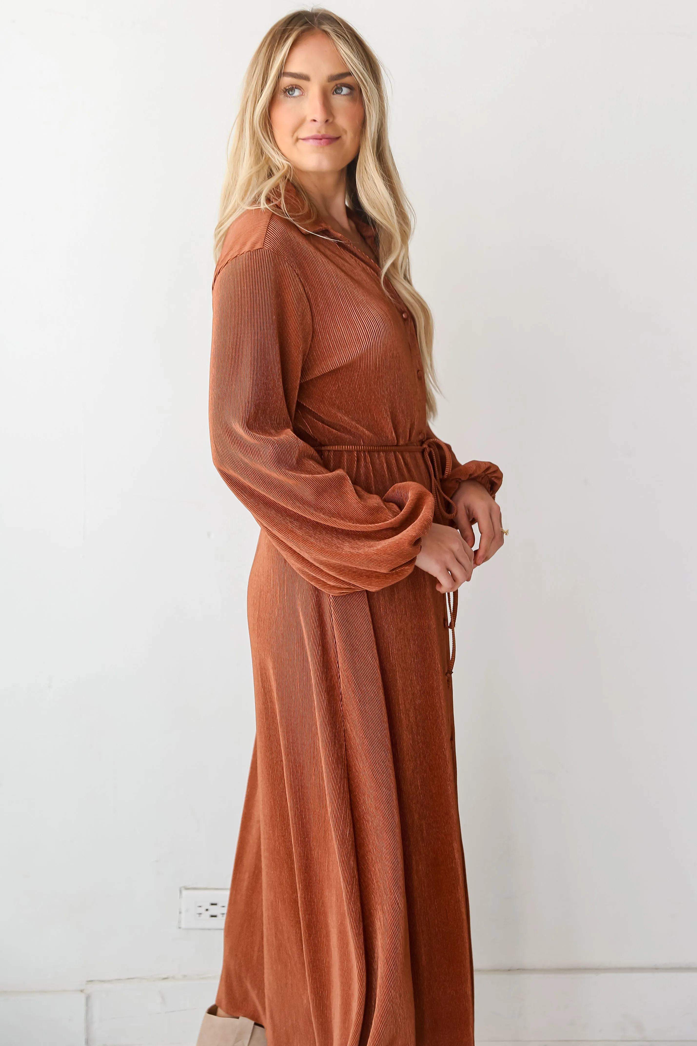 FINAL SALE - Show Stopper Camel Plisse Maxi Dress