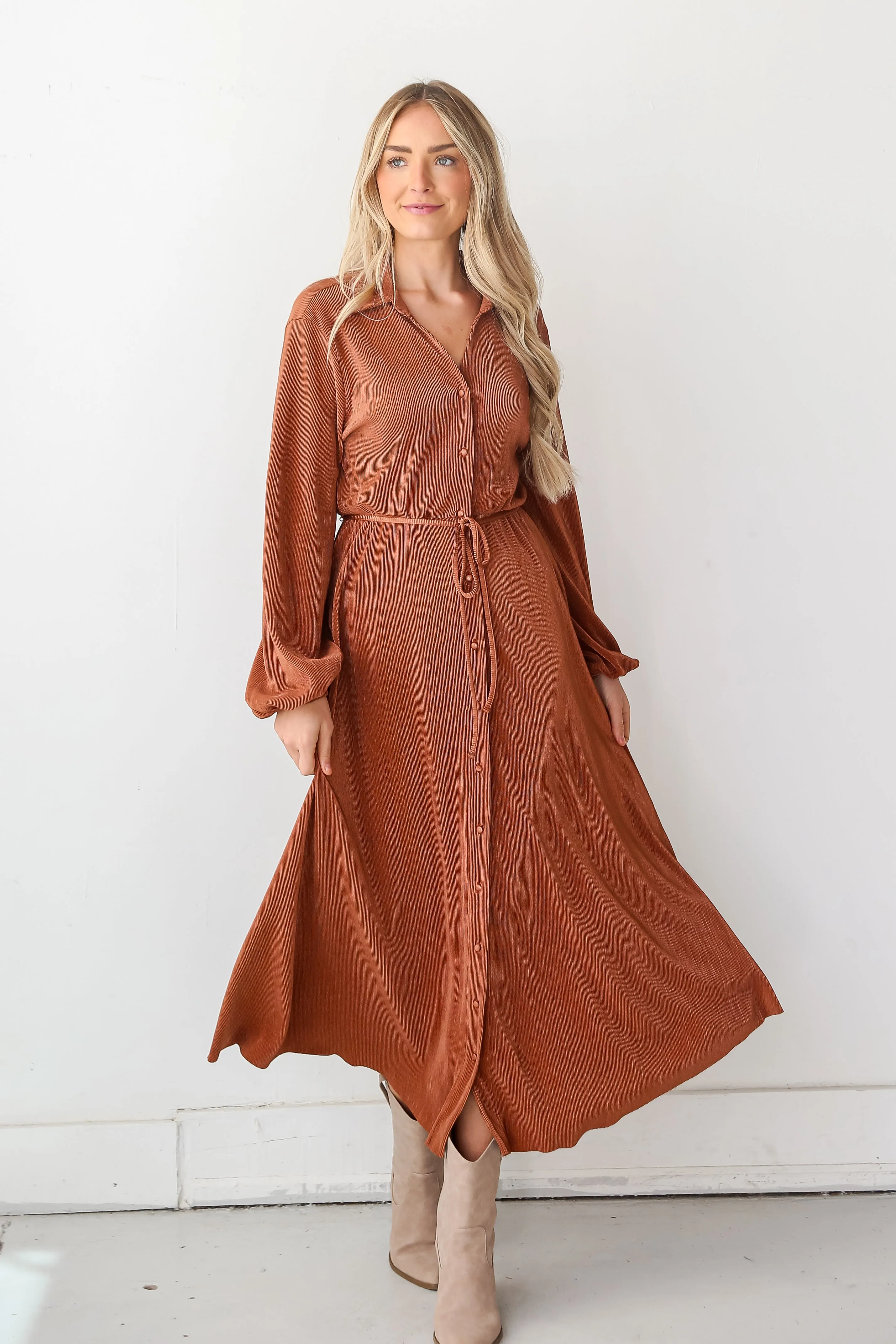 FINAL SALE - Show Stopper Camel Plisse Maxi Dress