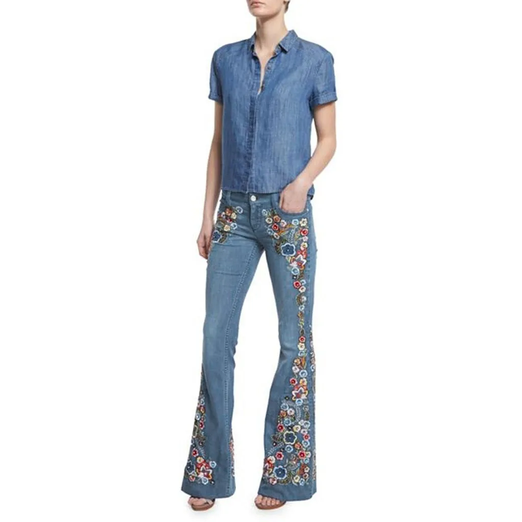 Funki Buys | Pants | Women's Boho Hippy Flared Flower Jeans