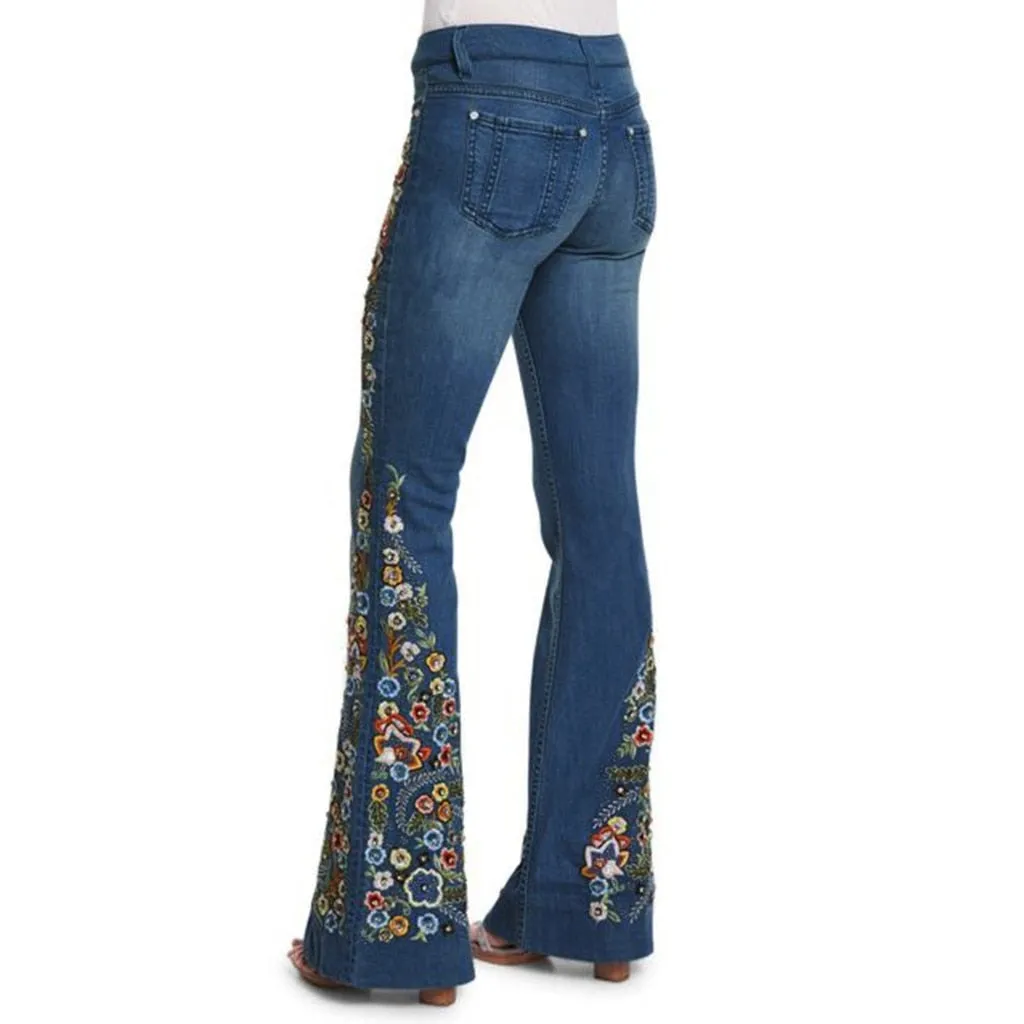 Funki Buys | Pants | Women's Boho Hippy Flared Flower Jeans