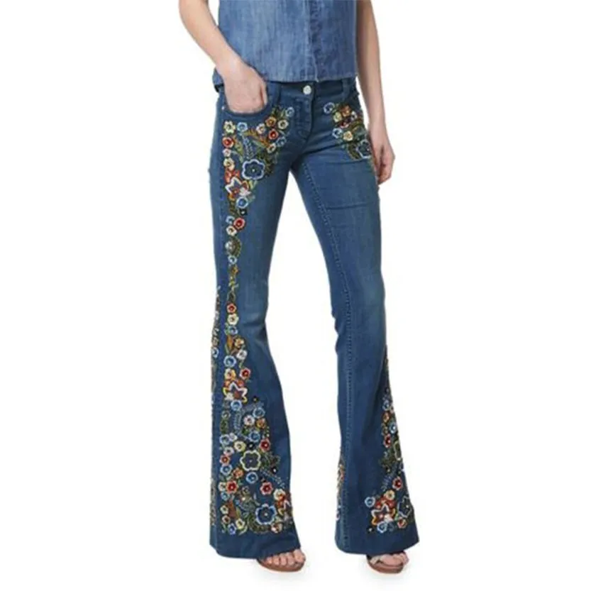 Funki Buys | Pants | Women's Boho Hippy Flared Flower Jeans