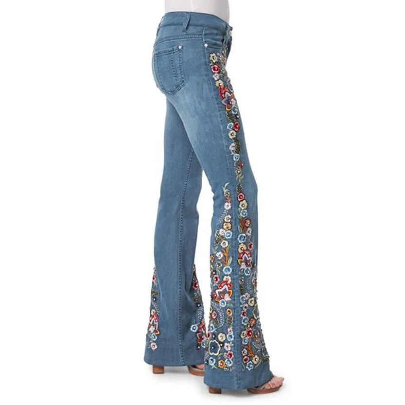 Funki Buys | Pants | Women's Boho Hippy Flared Flower Jeans