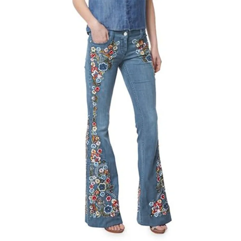 Funki Buys | Pants | Women's Boho Hippy Flared Flower Jeans