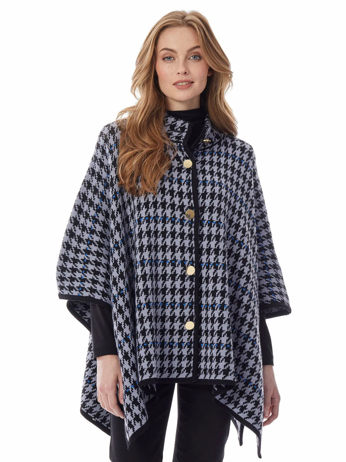 Houndstooth Button-Front Knit Cape