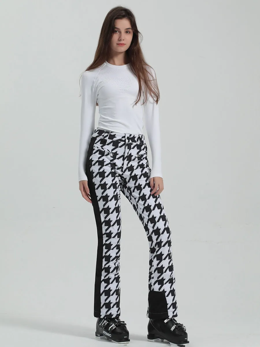 Houndstooth Slim Fit Snow Pants Women's High Stretch Ski Pants