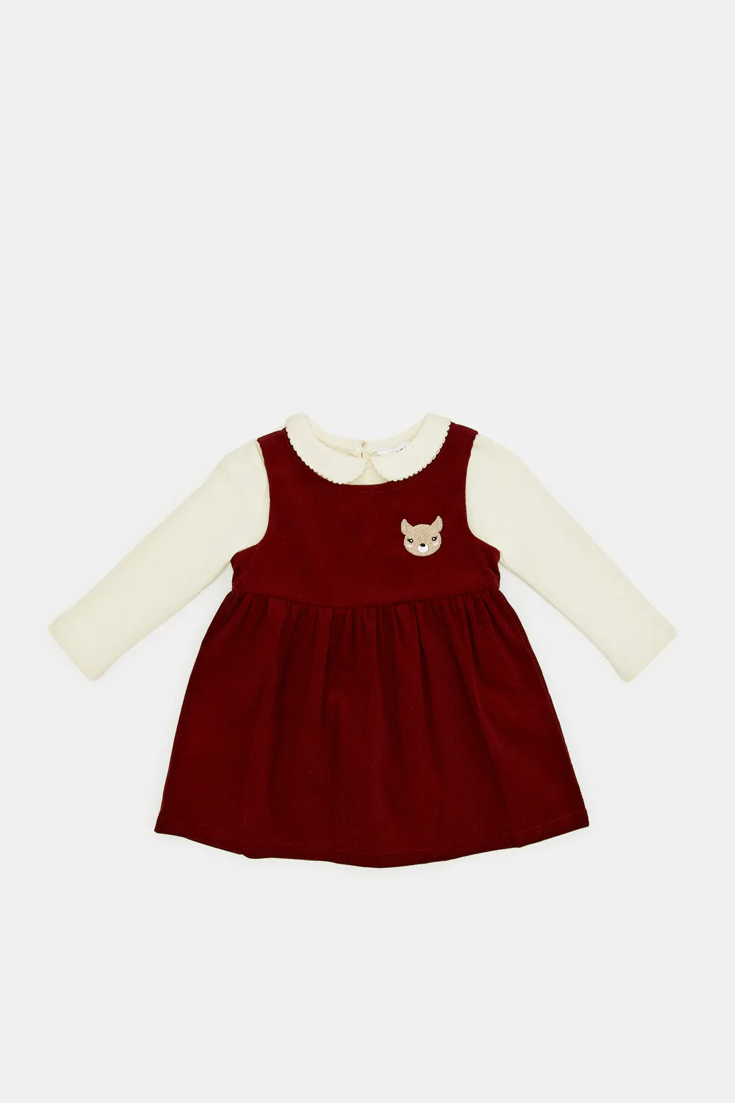 Infant Girls Burgundy Dungaree Dress With T-Shirt (2 Piece)