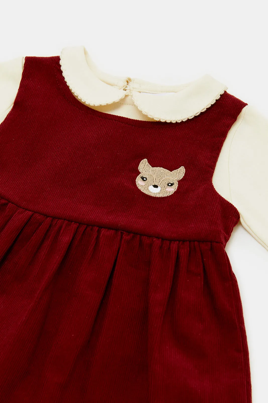 Infant Girls Burgundy Dungaree Dress With T-Shirt (2 Piece)