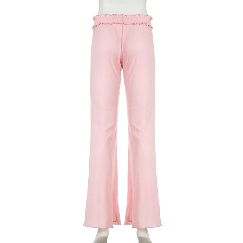 Korean Fashion Pink Ruched Knitted Flared Pants Harajuku Sweet Homewear Slim Trousers Cute Coquette Bow Elastic Waist