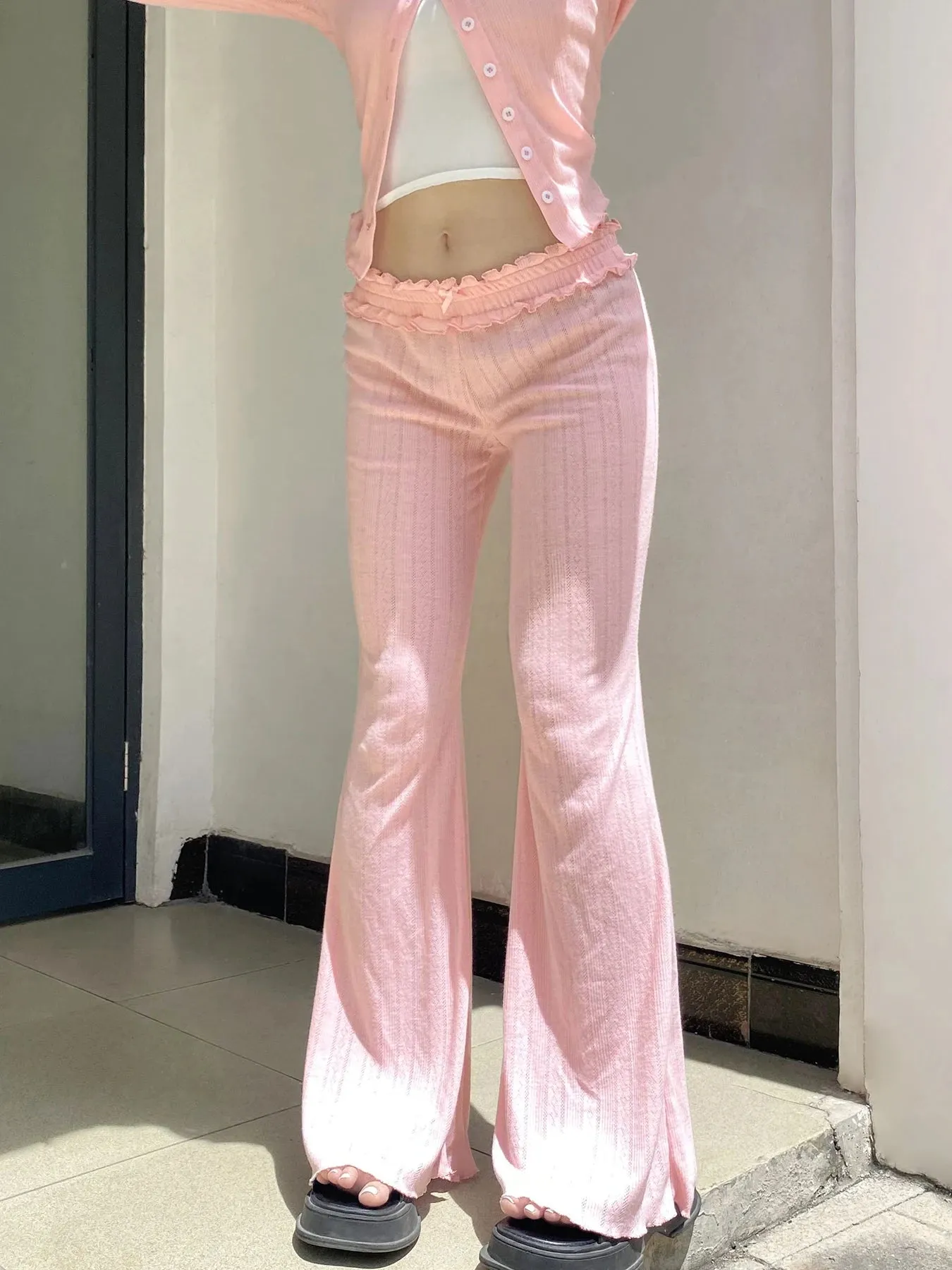 Korean Fashion Pink Ruched Knitted Flared Pants Harajuku Sweet Homewear Slim Trousers Cute Coquette Bow Elastic Waist