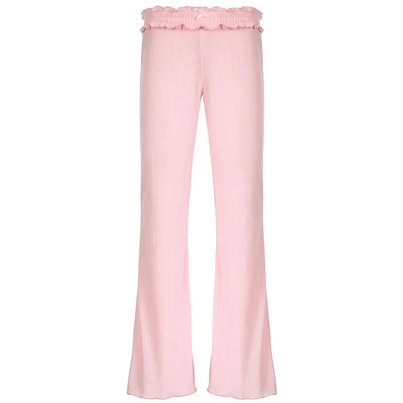 Korean Fashion Pink Ruched Knitted Flared Pants Harajuku Sweet Homewear Slim Trousers Cute Coquette Bow Elastic Waist