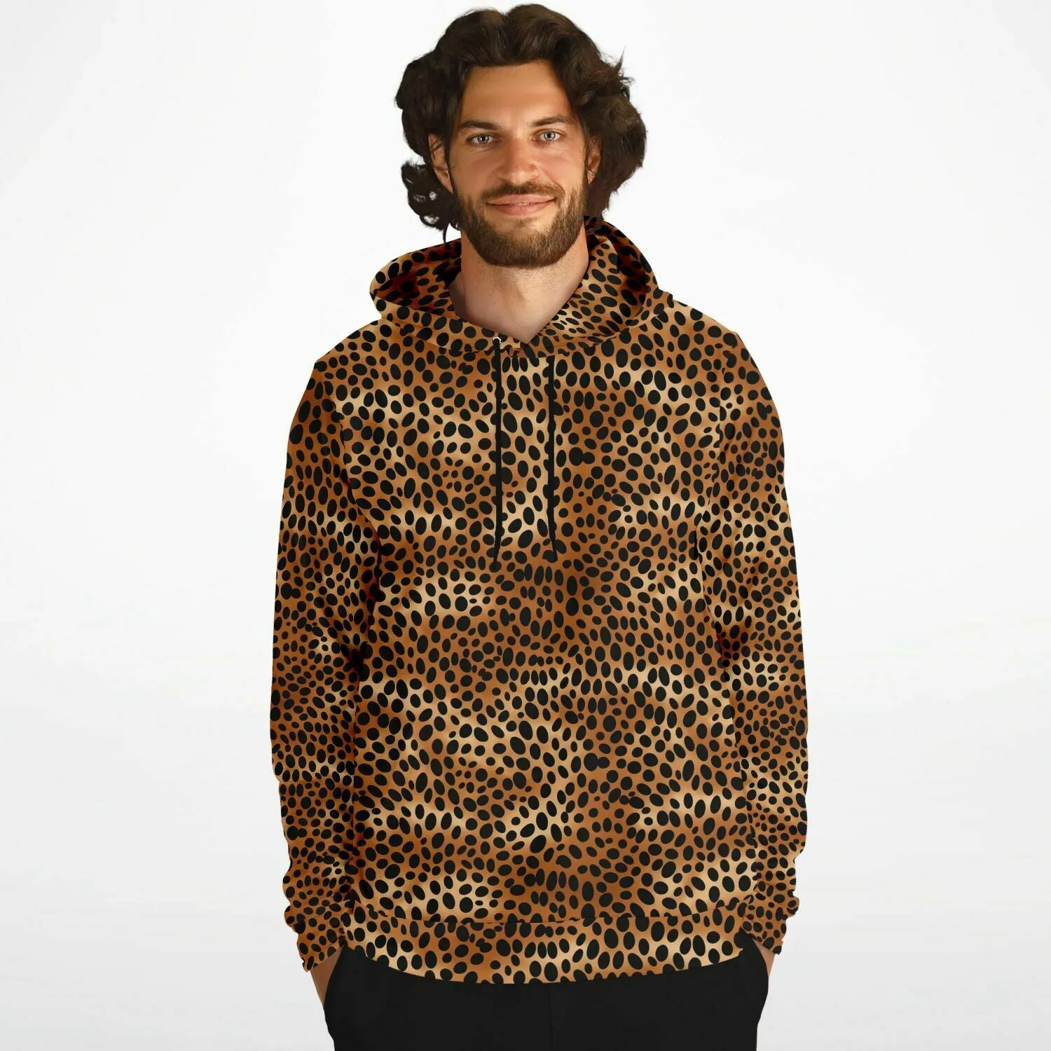 Leopard Hoodie, Cheetah Animal Print Brown Black Pullover Men Women Adult Aesthetic Graphic Cotton Hooded Sweatshirt with Pockets