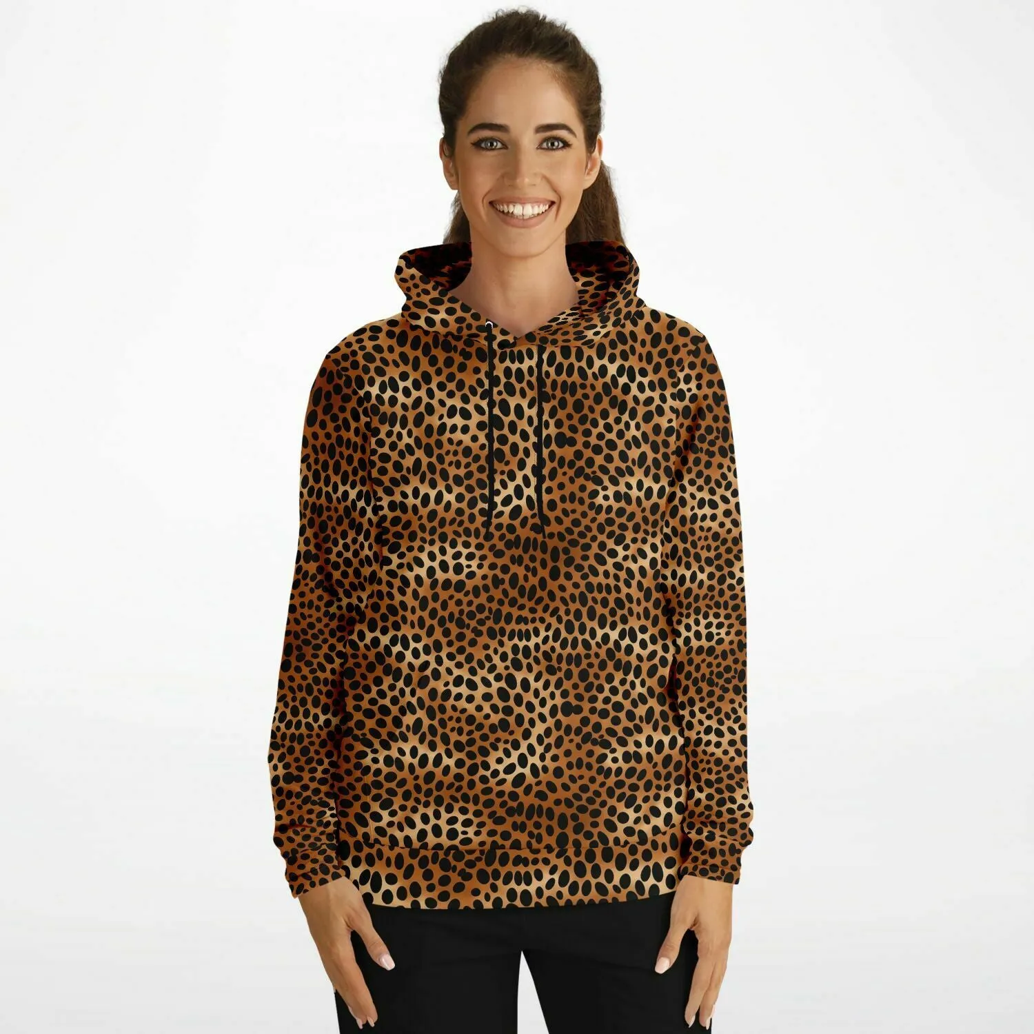 Leopard Hoodie, Cheetah Animal Print Brown Black Pullover Men Women Adult Aesthetic Graphic Cotton Hooded Sweatshirt with Pockets